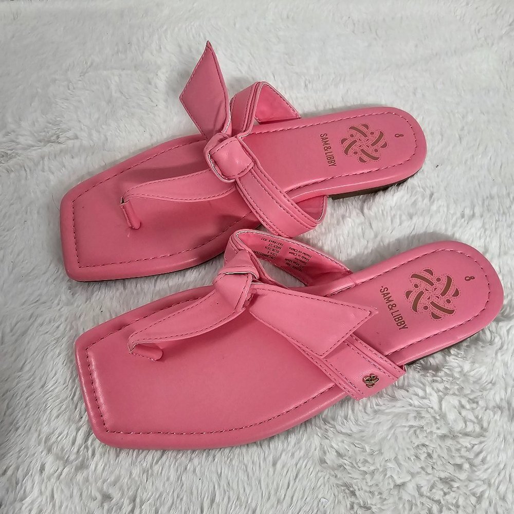 Sam & Libby Pink Faux Leather Square Toe Flat Slide On Thong Sandal Size 8